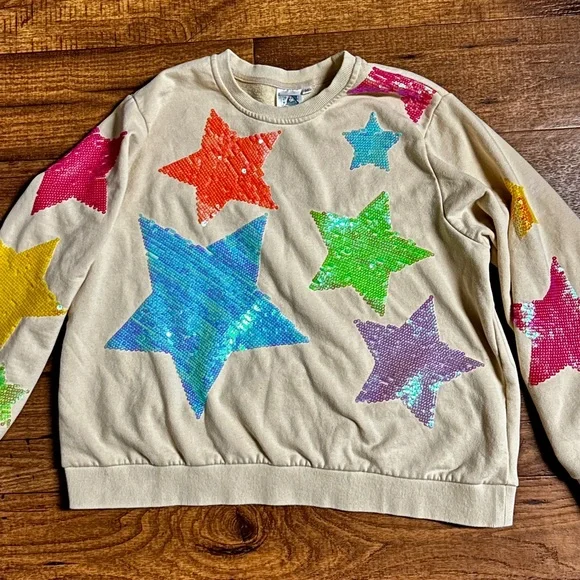 Queen Of Sparkle ~ Medium ~ White W/ Multi-Colors Star Sequins Sweater (Read) - Picture 1 of 12